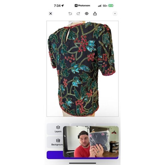 Laurence Kazar Vtg Silk Beaded Holiday Top Cocktail Formal Sz. M - Picture 4 of 8